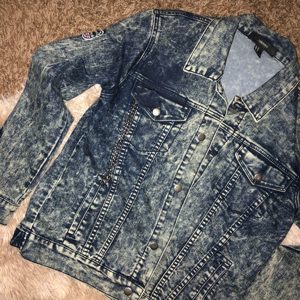 Forever 21 Denim Jean Jacket with Patches & Chain